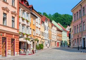 Capital of Slovenia, panoramic view with old town and castle.