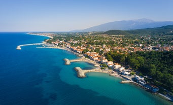 Photo of Litochoro and the majestic famous high Mount Olympus, Greece.