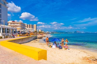 Aerial view with Sant Pere beach of Alcudia, Mallorca island, Spain.