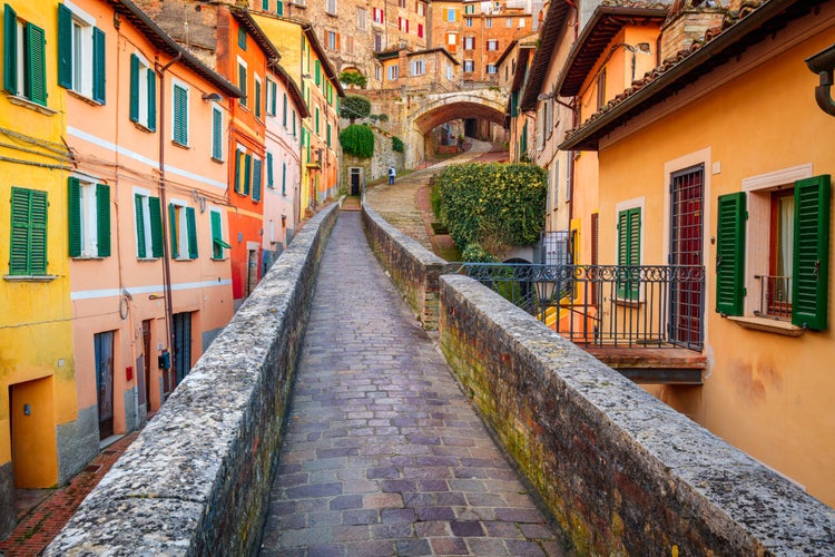 photo  of view  of Perugia, Italy on the medieval Aqueduct Street in the morning.