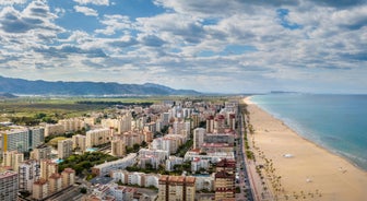 Photo of Javea Xabia skyline view from Mediterranean sea Alicante Spain.