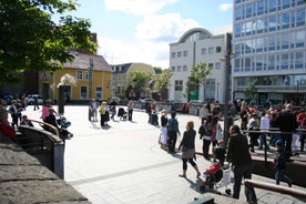 Panoramic view of Reykjavik, the capital city of Iceland, with the view of harbor and mount Esja.