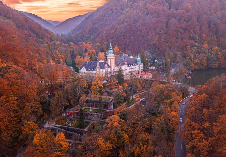 photo of view of LILLAFURED,HUNGARY - Aerial view of Lillafured Castle with autumn colors at sunset Lillafured is one of the most beautiful natural environments, Miskolc in the Eastern part of Bukk Mountains, Hungary