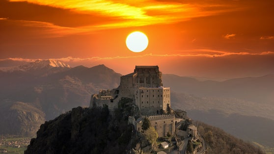 photo of  view ofSunrise on the Sacra di San Michele in Turin,PirriPirriPirri Italy.