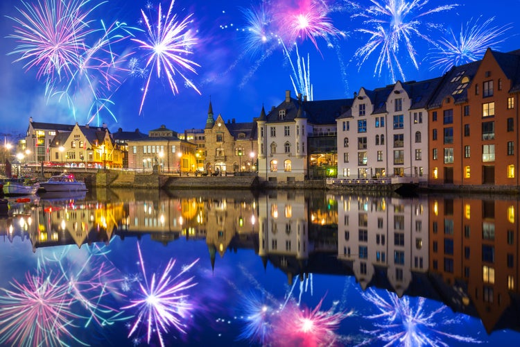 Fireworks display over the Alesund town in Norway.