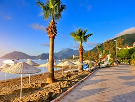 Photo of Marmaris marina with yachts aerial panoramic view in Turkey.