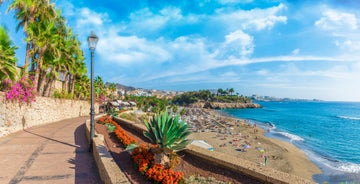 photo of aerial shot of Costa Adeje area, South Tenerife, Spain. Captured at golden hour, warm and vivid sunset colors. Luxury hotels, villas and restaurants behind the beach.