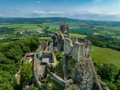 Photo of aerial view of two tower medieval stronghold Trosky state castle in the Czech paradise.