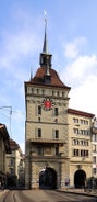 Bern, Switzerland. View of the old city center and Nydeggbrucke bridge over river Aare.
