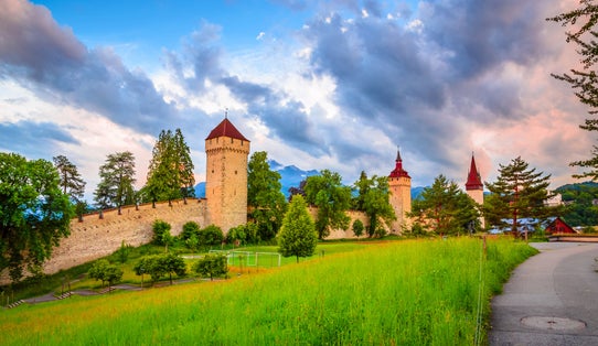 photo of Museggmauer it's an old city wall and towers in Luzern, Switzerland.