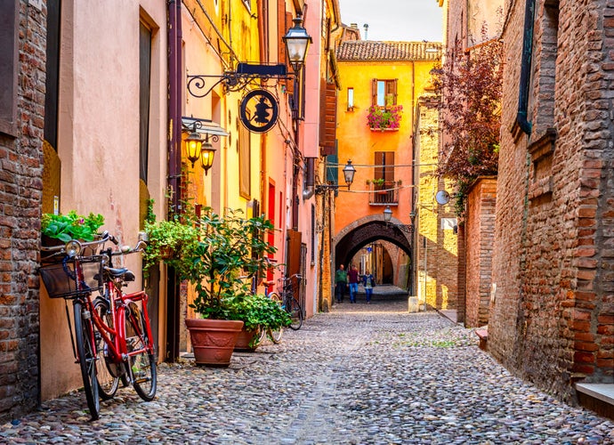 Cozy narrow street in Ferrara, Emilia-Romagna, Italy. Ferrara is capital of the Province of Ferrara