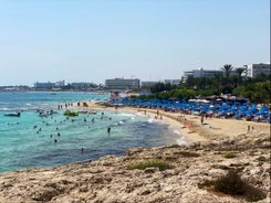 Photo of panoramic aerial view of Kalamis beach and bay in the city of Protaras, Cyprus.