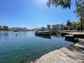 Photo of aerial view of the port in Agios Nikolaos, famous travel destination of Crete, Greece.