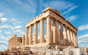 Photo of temple of Apollo with Acrocorinth in the background. Ancient Corinth, Greece.