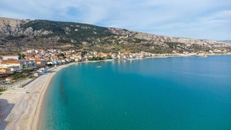 Photo of aerial view of Crikvenica town on Adriatic sea waterfront , Kvarner bay region of Croatia.