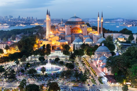 Hagia Sophia in Istanbul. The world famous monument of Byzantine architecture. View of the St. Sophia Cathedral at sunset.