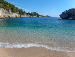 Photo of panoramic aerial view of the old town of Dubrovnik, Croatia seen from Bosanka viewpoint on the shores of the Adriatic Sea in the Mediterranean Sea.