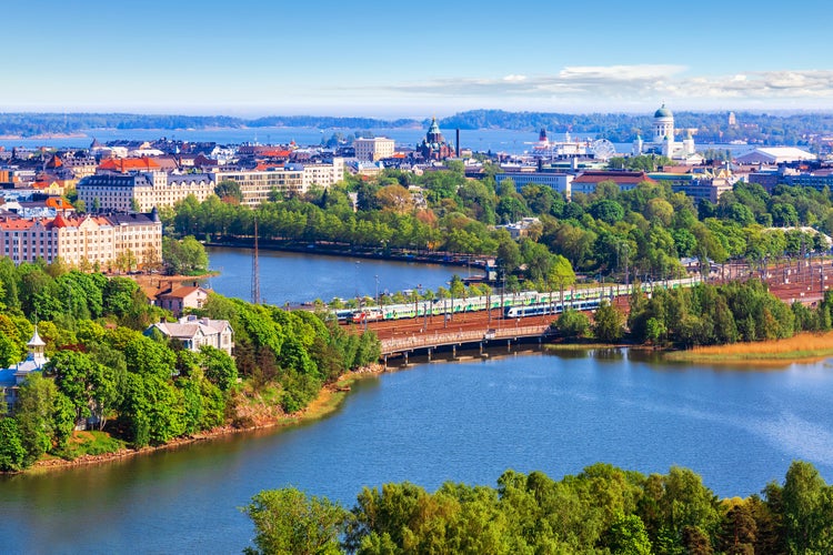 Photo of scenic summer aerial panorama of the Old Town architecture in Helsinki.