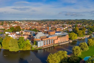 Photo of aerial view of the Church of the Holy Trinity, where Shakesphere is buried, River Avon, Stratford-upon-Avon, Warwickshire, England.