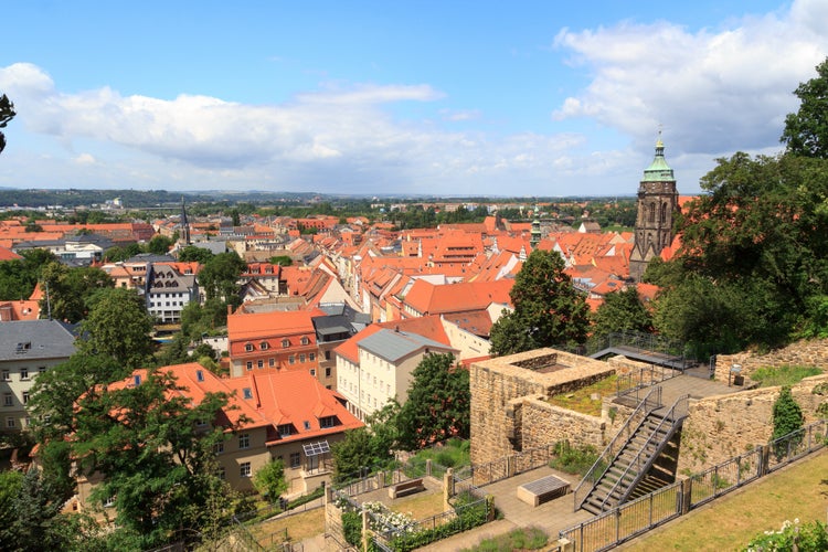 View towards Pirna cityscape with St. Marys Church from Sonnenstein castle