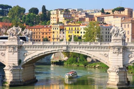 Aerial panoramic cityscape of Rome, Italy, Europe. Roma is the capital of Italy. Cityscape of Rome in summer. Rome roofs view with ancient architecture in Italy. 