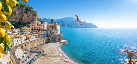 Photo of aerial morning view of Amalfi cityscape on coast line of Mediterranean sea, Italy.