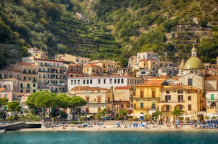 Photo of aerial morning view of Amalfi cityscape on coast line of Mediterranean sea, Italy.