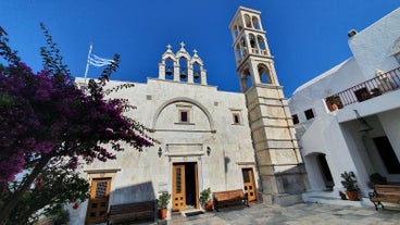 Photo of panoramic view of Town of Ano Mera, island of Mykonos, Cyclades, Greece.