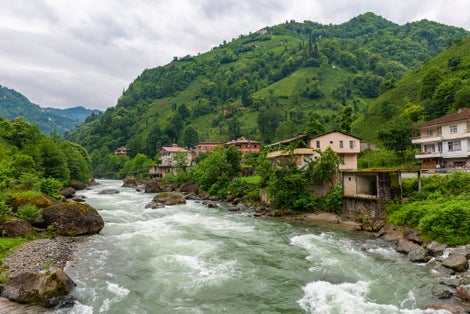 Photo of Camlihemsin center view with Firtina Stream in Rize, Turkey. 