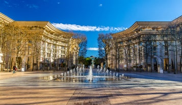 Photo of Nimes Arena aerial panoramic view. Nimes is a city in the Occitanie region of southern France.