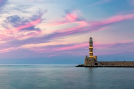 Photo of aerial view of Chania with the amazing lighthouse, mosque, venetian shipyards, Crete, Greece.