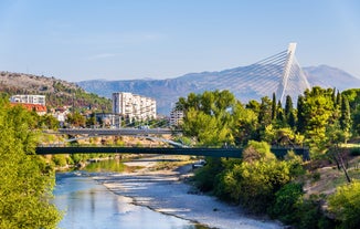 Photo of aerial view of the old bridge and river in city of Mostar, Bosnia and Herzegovina.