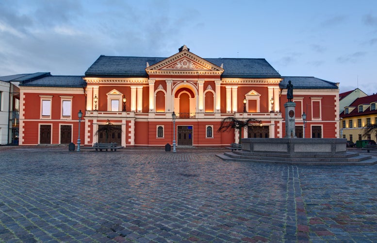 Illuminated facade of the Theater House. Theatre square, Klaipeda. Lithuania