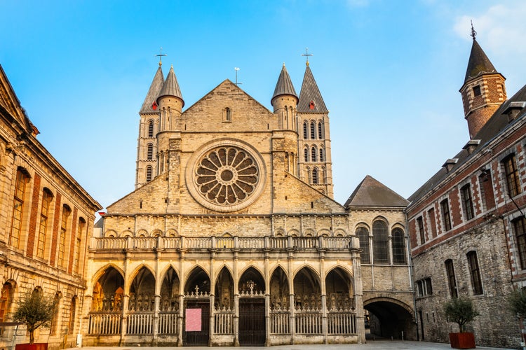 Photo of Notre-Dame de Tournai facade view with towers , Cathedral of Our Lady, Tournai, Walloon municipality, Belgium.