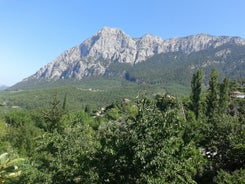 Photo of aerial view of the town of Kemer and sea from a mountain, Turkey.