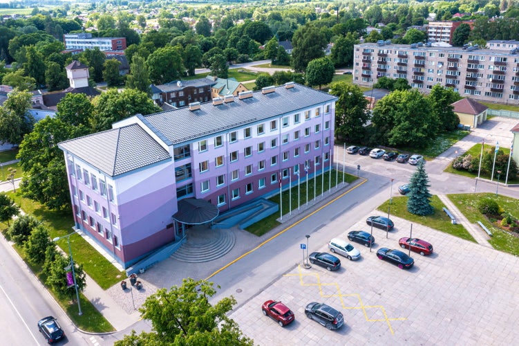 photo of view of view from above of the Dobele city, city and county administrative buildings, Zemgale region, Latvia.