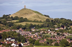 Photo of aerial view of the historical Glastonbury in Somerset, England.