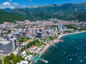 Photo of panoramic aerial view of old town of Budva, Montenegro.