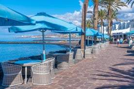 photo of aerial view of the beach and lagoon of Los Cristianos resort on Tenerife, Canary Islands, Spain.