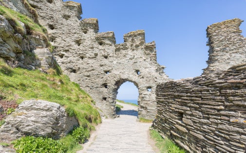 Photo of Part of the ancient ruins of Tintagel Castle in Cornwall, England.