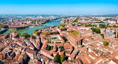 Photo of aerial view of Triumphal Arch or Arc de Triomphe in Montpellier city in France.