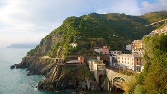 Photo of aerial view of Levanto or Levante, a beautiful fishing village in Liguria, Italy.