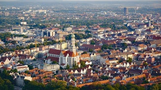 Aerial view on Marienplatz town hall and Frauenkirche in Munich, Germany.