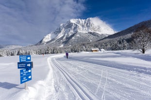 Photo of a view of the Alps from the Ehrwald, a town on the border of Germany and Austria with picturesque meadows surrounded by towering mountain ranges, including the Zugspitze.