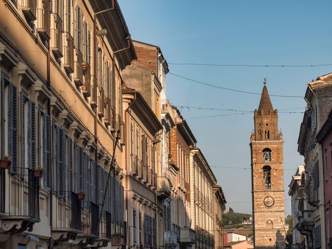 Photo of the main street of the city with the belfry of the cathedral in Teramo, Italy.