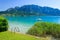 photo of  view of Beach at Attersee lake on sunny summer day, Austria,Weyregg am Attersee Austria.