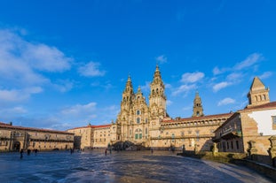 Photo of San Salvador Cathedral of Zamora and acenas (water mills), view from Duero river. Castilla y Leon, Spain.