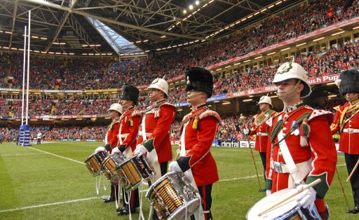 wales royal marching band performs during the Six Nations rugby match Wales vs Italy at the Millennium stadium, in Cardiff.