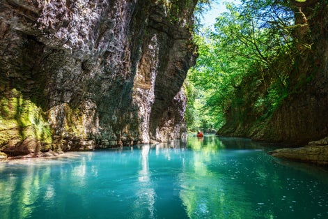 Photo of Martvili canyon in Georgia. view of the mountain river, christal blue water and boat ride, Kutaisi.