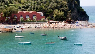 Photo of aerial morning view of Amalfi cityscape on coast line of Mediterranean sea, Italy.